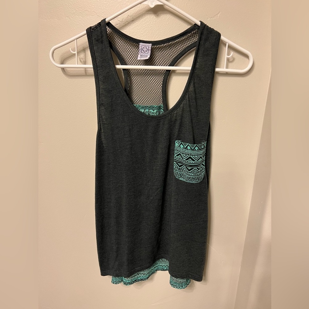 Gray tank top, mesh back